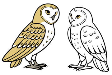 Illustrated Barn Owls in Color and Black and White Standing Side by Side on a White Background
