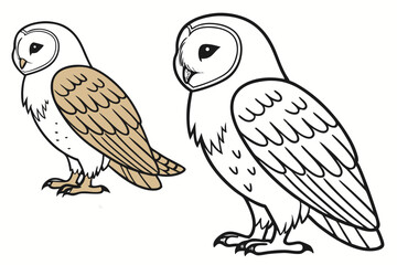 Charming Barn Owl Duo Depicted in Black and White Outline with One Partially Colored in Brown