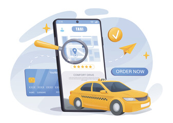 Taxi booking app with yellow cab icon. Vector illustration