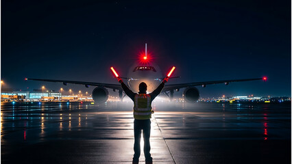 Aircraft Marshaller Guiding Plane at Night with Signal Batons