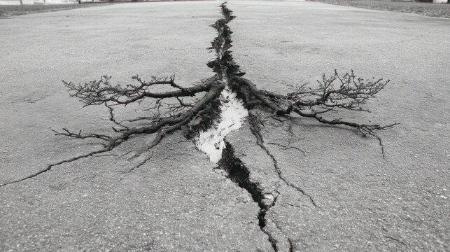 Cracked asphalt road with exposed roots