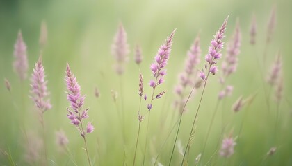 Fototapeta premium Gentle pink wildflowers bloom gracefully in a sunlit green field, creating a tranquil and picturesque scene.
