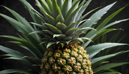 Obraz premium A striking image of a fresh, ripe pineapple with detailed texture and green leaves.