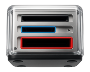 Multi-card reader with transparent casing and color-coded slots for easy card type identification