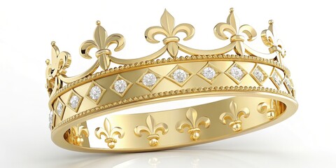 Opulent golden crown adorned with fleur de lis and sparkling diamonds on white