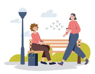 Two women chatting in park scene. Vector illustration
