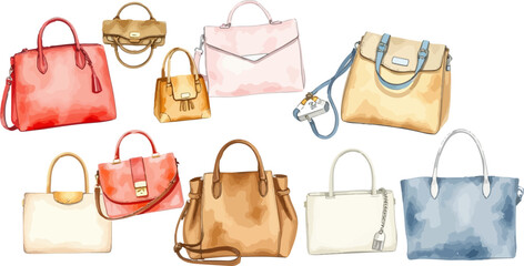 Set of handbags watercolor vector illustration.