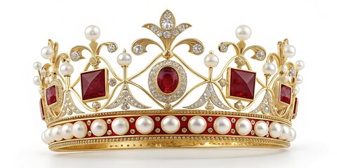 Exquisite Golden Crown Adorned with Pearls, Rubies, and Diamonds on White Background