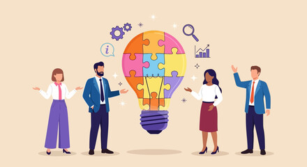 Brainstorming Creativity Team Collaboration Shaping Innovation, A Colorful Puzzle Lightbulb Concept