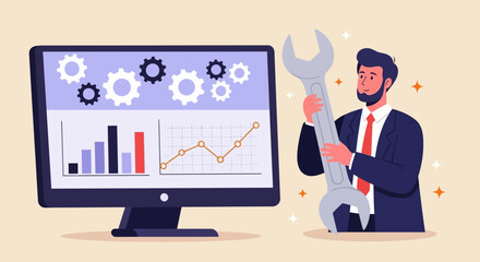Optimizing Business Performance Illustrated Man with Wrench Analyzing Data on Screen