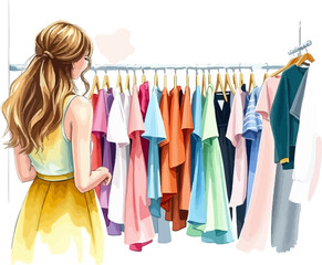A young girl buys clothes in a store watercolor vector illustration.