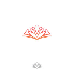 Elegant opened book with linear Lotus logo abstract ornamental artistic icon. Vector illustration