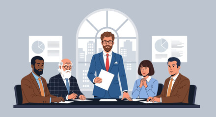 Diverse Team at a Board Meeting, Strategic Planning in an Office Setting with Charts on the Windows, Leadership, and Collaboration