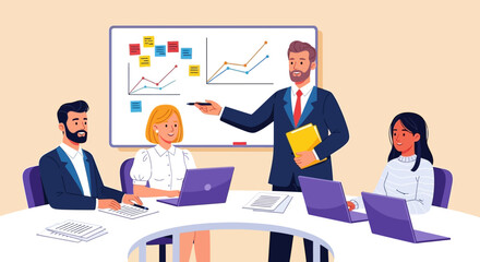 Corporate Meeting Teamwork and Strategy Session with Presentation of Business Growth