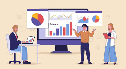 Business Strategy Presentation Team Analyzing Data Charts & Graphs on Computer Screen with Collaborative Meeting 