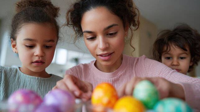 Mother and her two young daughters in a kitchen. the mother is in the center of the image, holding a bunch of colorful easter eggs in her hands. she is wearing a pink sweater and has curly hair.
