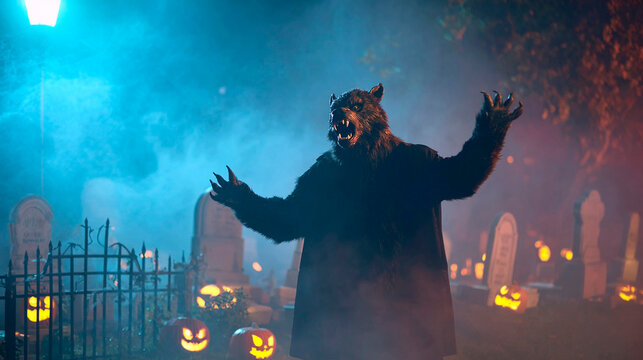 Encountering a Terrifying Creature: A suspenseful scene unfolds at dusk in a spooky graveyard as a werewolf creature emerges. Carved pumpkins light the way, setting a haunting scene.