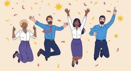 Celebratory Group Illustration Diverse People Jumping with Joy Under a Shower of Confetti and Stars for Success