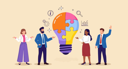 Team Collaboration Illuminating Innovation with a Lightbulb Puzzle Concept in Business Strategy and Group Solutions