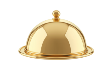 Golden Food Cloche with Lid and Tray on Transparent Background