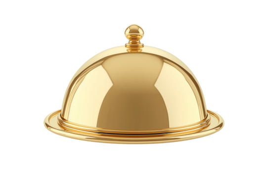 Golden Food Cloche with Lid and Tray on Transparent Background