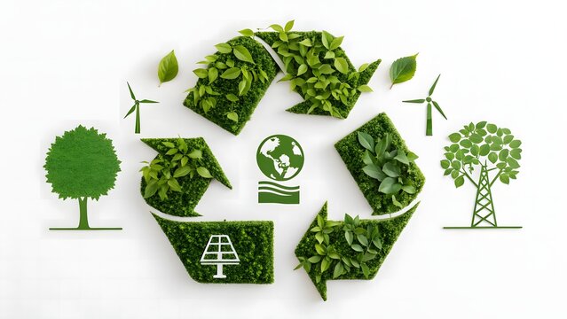 Green recycling symbol with plants, solar panel, wind turbines and tree icons