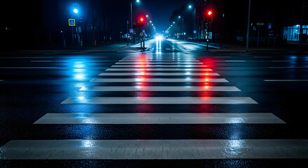 Urban Nightscape Reflections Zebra Crossing Illuminated By Traffic Lights At Night
