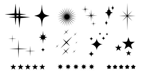 Sparkling stars icon set. Shine star silhouettes, magic spark shape, abstract glitter elements