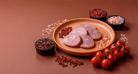 Sliced ham, meat, pork or turkey sausage for sandwiches. Ham slices, food