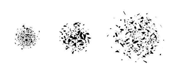 Broken black glass. Shatter explode effect, abstract fragments explosion