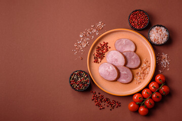 Sliced ham, meat, pork or turkey sausage for sandwiches. Ham slices, food