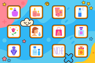 Aromatherapy set icon. Soap bottle, oil dropper, woman smelling, room spray, car freshener, stick diffuser, aroma pyramid, lounge chair, hand spray, home mist, flacon, candle therapy