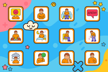 Depression set icon. Sad face, crossed arms, sitting person, apathy speech bubble, empty plate, insomnia, low mood, fatigue, crying cloud, fake smile, tired expression, heartache, emotional suffering