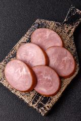 Sliced ham, meat, pork or turkey sausage for sandwiches. Ham slices, food