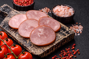 Sliced ham, meat, pork or turkey sausage for sandwiches. Ham slices, food