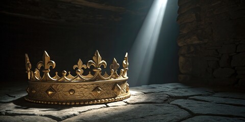 Golden crown lying on a stone floor illuminated by a light beam