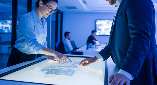 Teamwork On Interactive Screen During Modern Business Meeting In Blue Toned Office