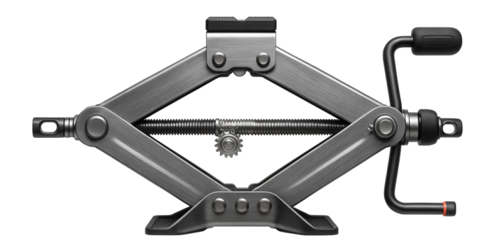 Scissor jack with a dual drive mechanism for balanced lifting in roadside emergencies.
