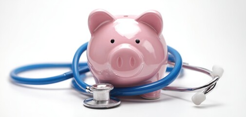 The pink piggy bank with a stethoscope symbolizes financial health and wellness.