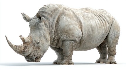 Obraz premium White rhinoceros, side view, against white background