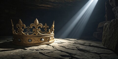 A Golden Crown Resting in a Dark Cave Under a Beam of Light