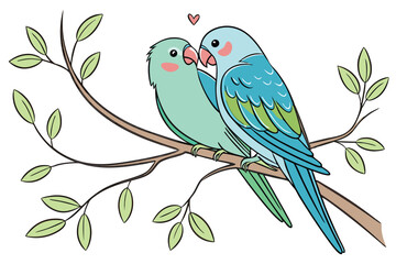 Whimsical Lovebirds Perched on a Branch Adorned with Green Leaves, Under a Heart, Showcasing Endearing Affection and Cute Bird Romance