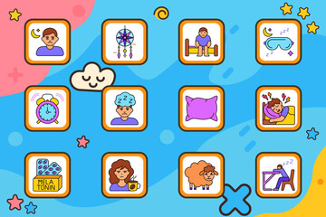 Sleep disorder set icon. Tired face, dreamcatcher, man on bed, sleep mask, alarm clock, sleepy expression, pillow, sleep pain, melatonin, no coffee, sheep, desk sleep