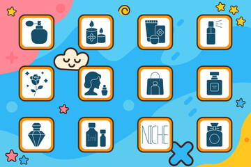 Perfume set icon. Spray flacon, aroma candles, cosmetic tubes, bottle sprayer, rose, woman with perfume, shopping bag, perfume box, classic design, crystal flacon, sample vial, niche sign