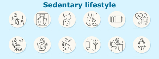 Fototapeta premium Sedentary lifestyle set icon. Shows seated person, scale, cellulite, legs, low energy, heart health, chair time, abdominal discomfort, sleep sitting, IV, pressure, obesity