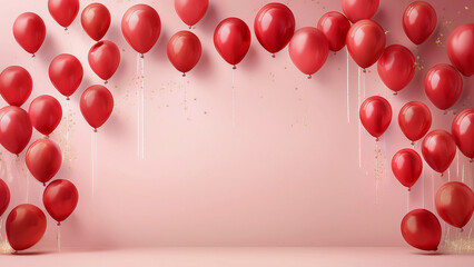 Glossy red balloons floating on a soft pink background with glitter, perfect for celebration, party, or festive event themes. Birthday celebration banner, flying helium red balloon.