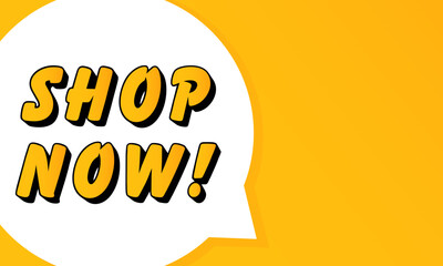 Shop Now speech bubble. Bold outline, comic style shape, vibrant background, dialog element, visual communication, announcement layout, message highlight, template for interaction.