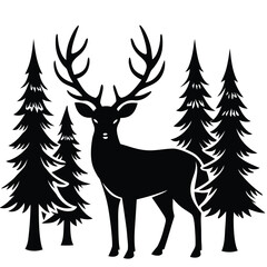 Obraz premium a deer standing quietly among stylized forest trees, with antlers raised and calm posture, minimalist vector illustration isolated on white background