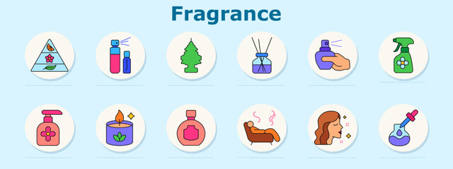 Fragrance set icon. Includes scent pyramid, atomizers, tree scent, diffuser, nose with sprayer, cleaner bottle, hand soap, candle, flask, aroma lines, face profile, essential oil dropper