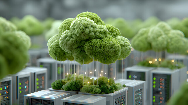 Green cloud formations hovering over server racks servers - Powered by Adobe